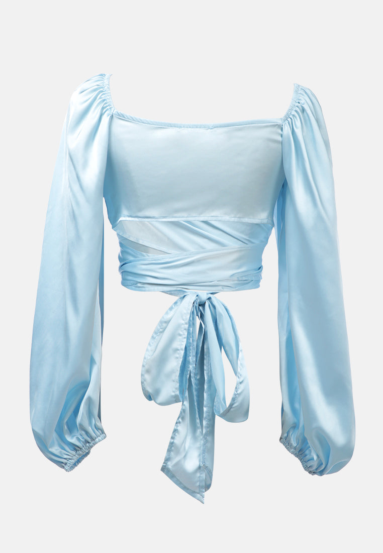 satin puffed sleeves wrap crop top#color_blue