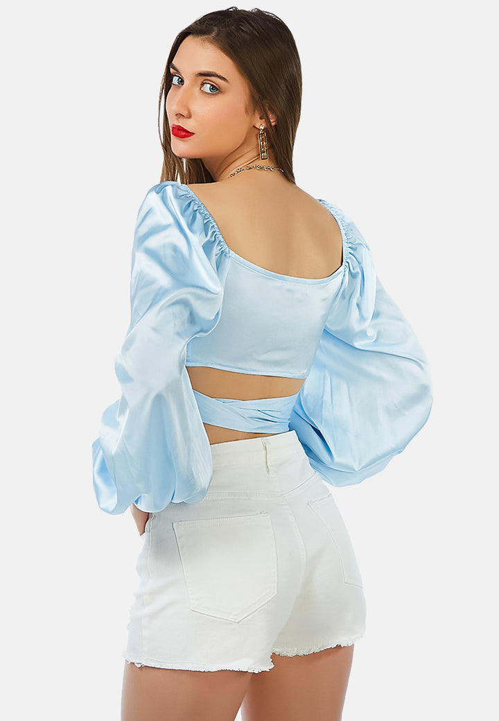 satin puffed sleeves wrap crop top#color_blue