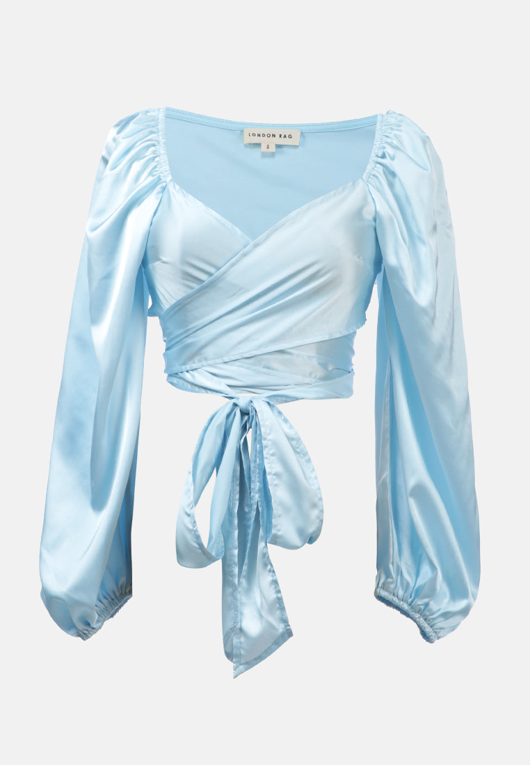 satin puffed sleeves wrap crop top#color_blue