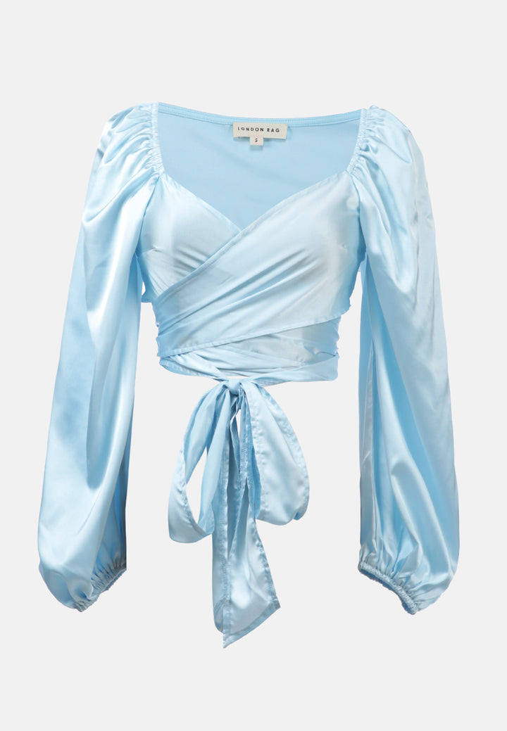 satin puffed sleeves wrap crop top#color_blue