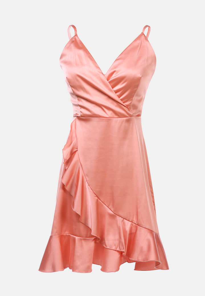 satin ruffle party dress#color_pink