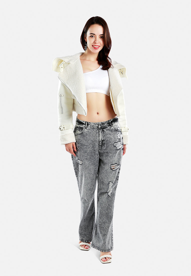 shearling collar crop jacket#color_cream