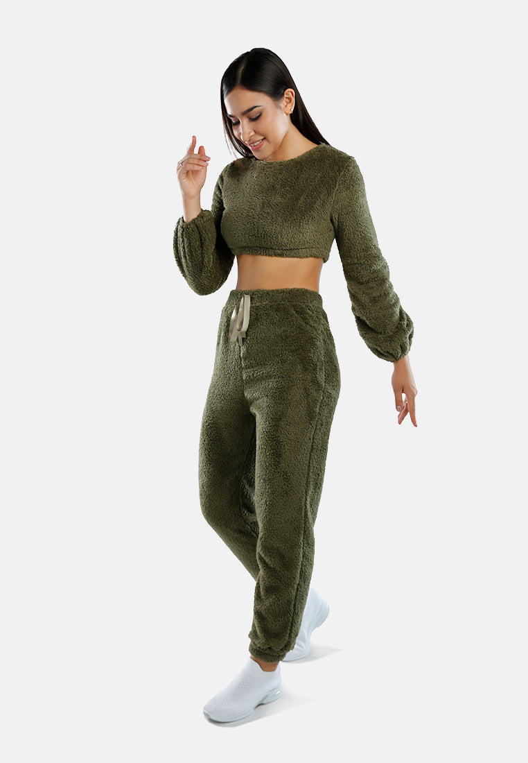 shearling full sleeve crop top#color_army-green