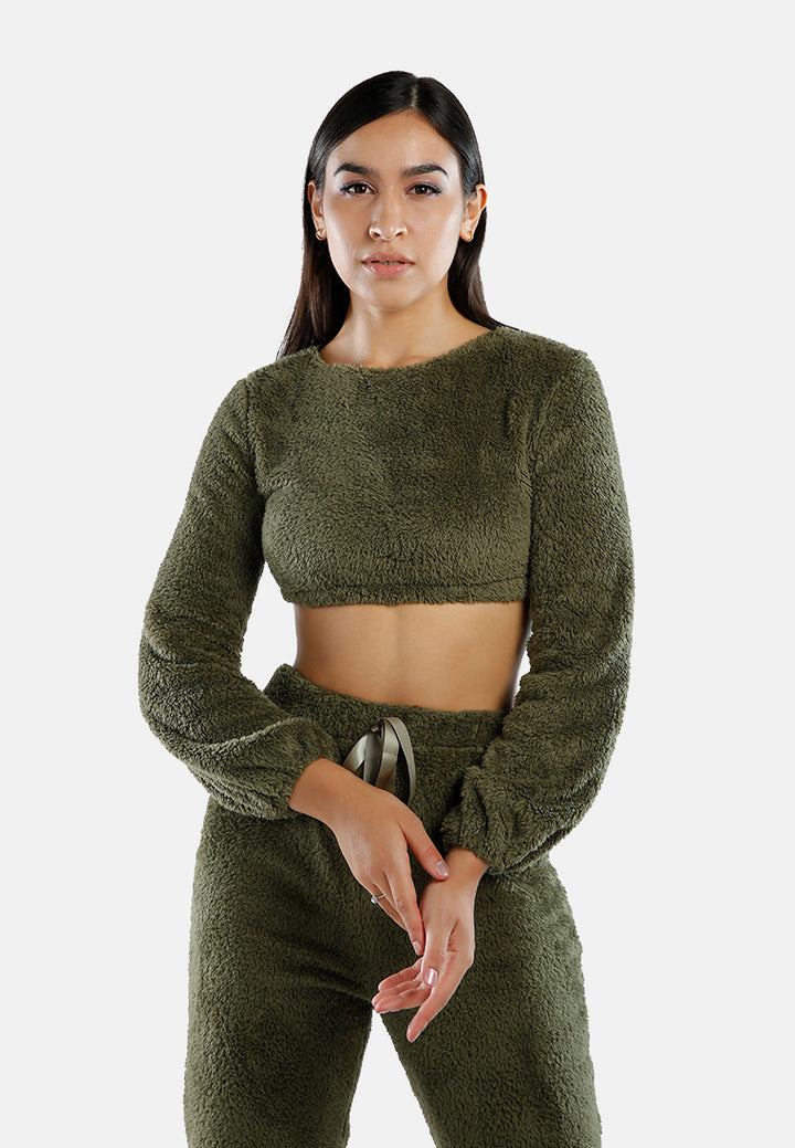 shearling full sleeve crop top#color_army-green