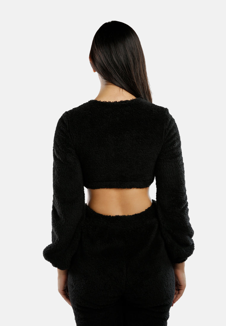 shearling full sleeve crop top#color_black