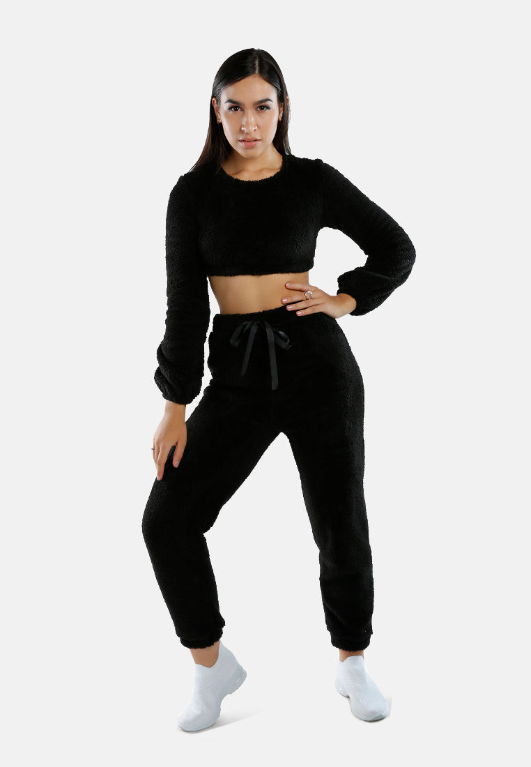 shearling full sleeve crop top#color_black