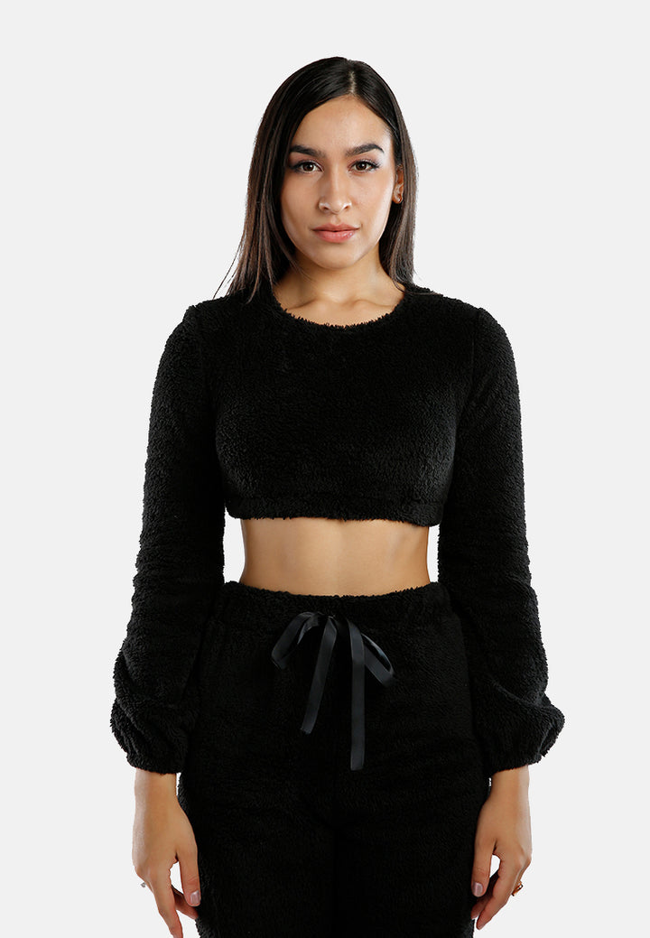 shearling full sleeve crop top#color_black