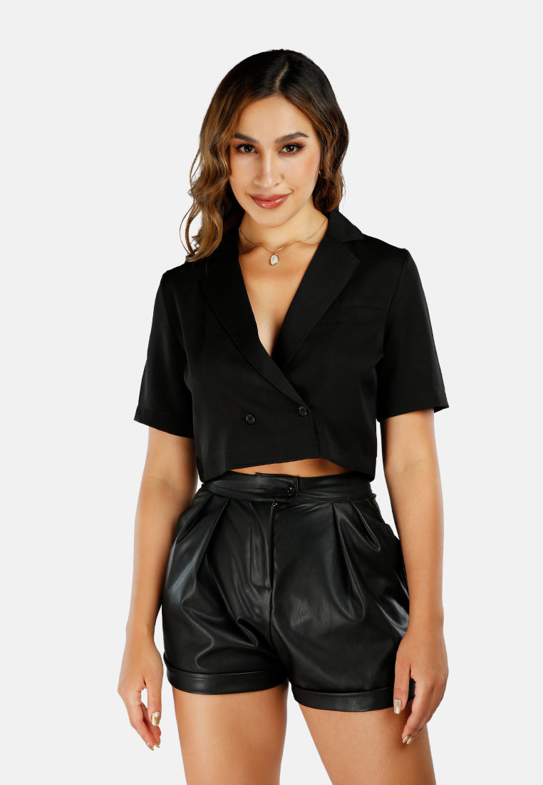 short sleeved cropped blazer jacket#color_black