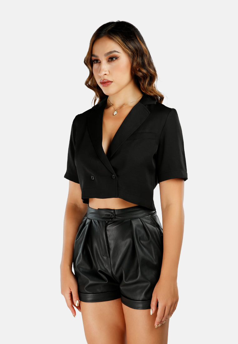 short sleeved cropped blazer jacket#color_black