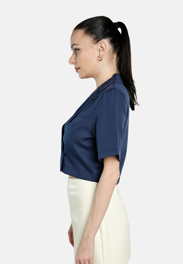 short sleeved cropped blazer jacket#color_navy