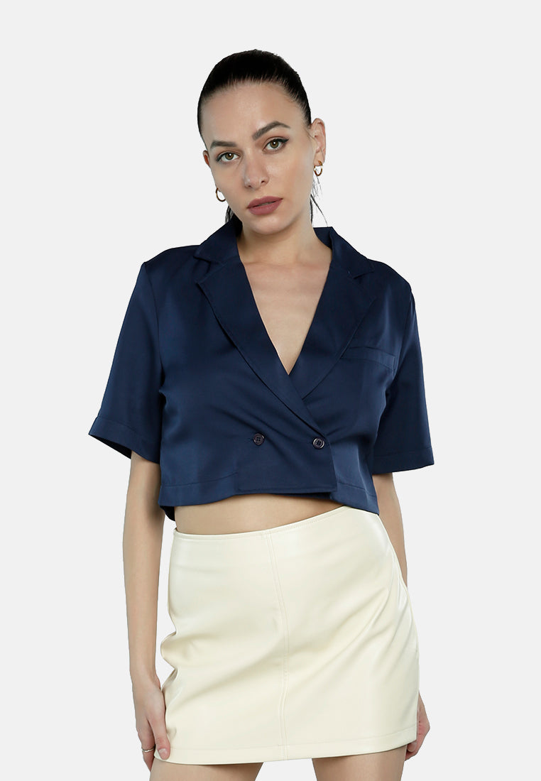 short sleeved cropped blazer jacket#color_navy