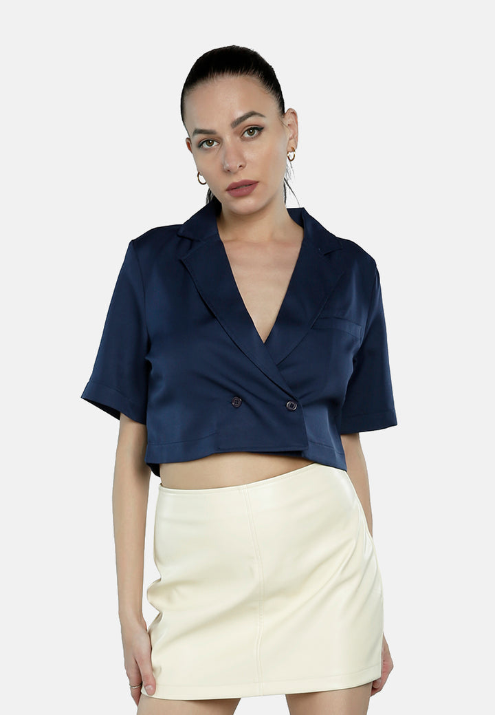 short sleeved cropped blazer jacket#color_navy