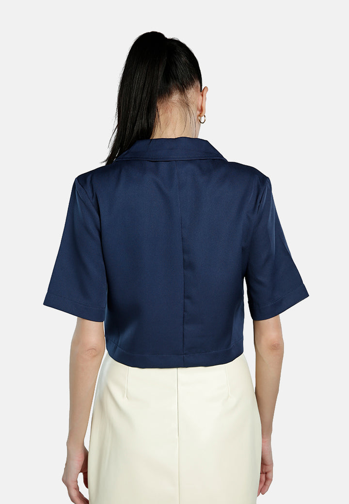 short sleeved cropped blazer jacket#color_navy