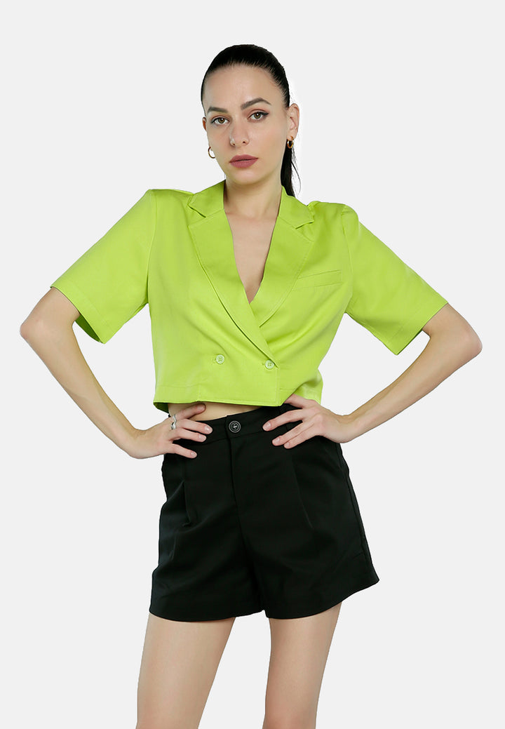 short sleeved cropped blazer jacket#color_green