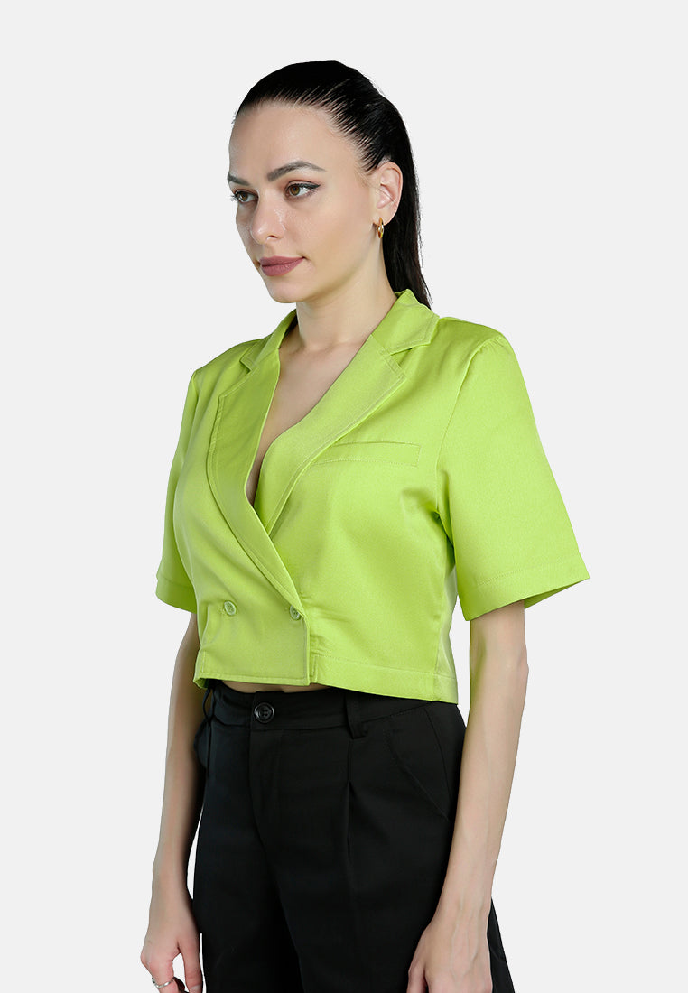 short sleeved cropped blazer jacket#color_green