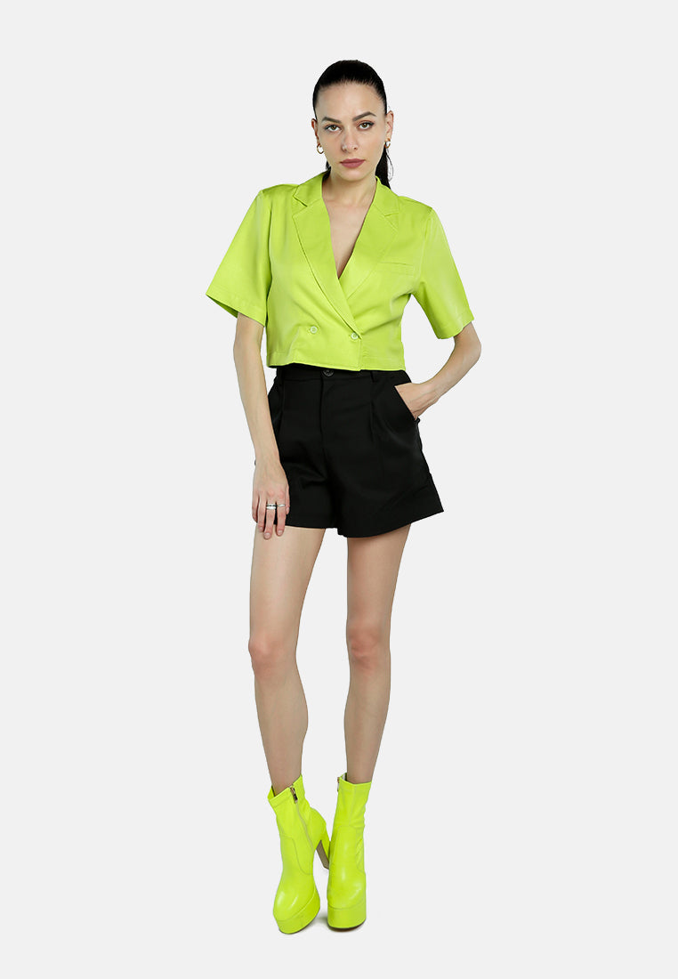 short sleeved cropped blazer jacket#color_green