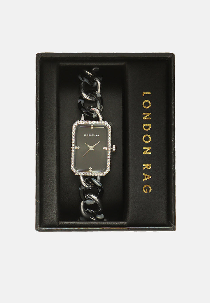 silver black rectangular dial women's watch#color_black-silver