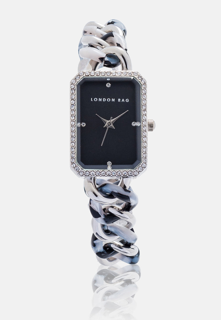 silver black rectangular dial women's watch#color_black-silver