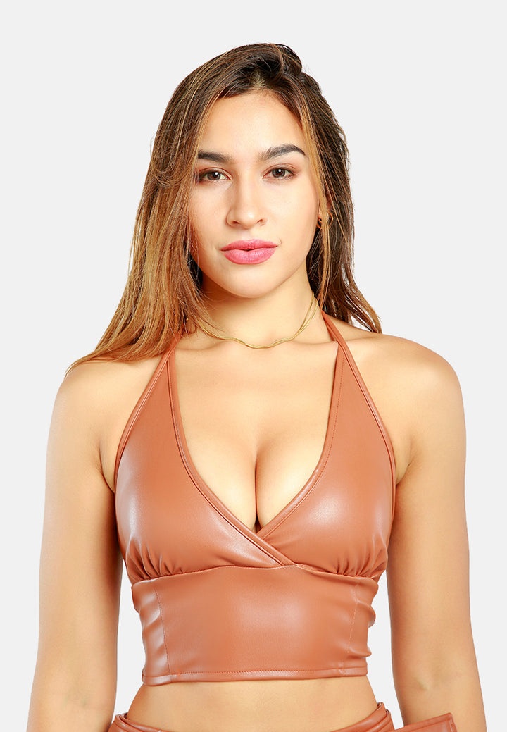 sleeveless knot halter top#color_tan