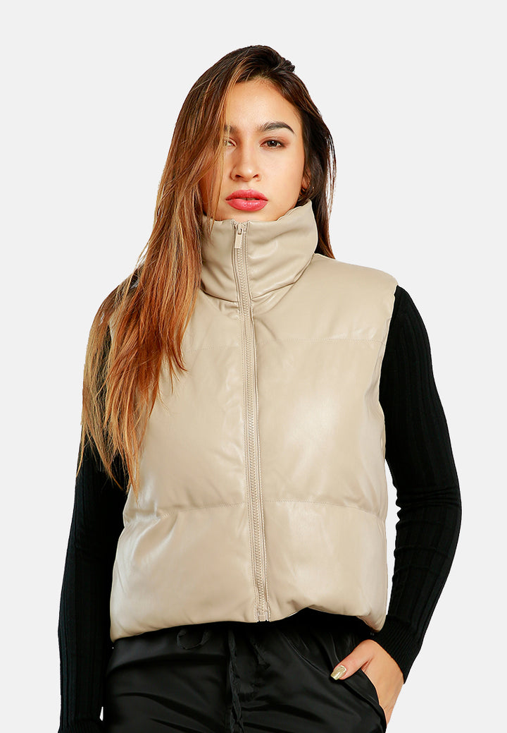 sleeveless turtleneck puffer jacket#color_beige