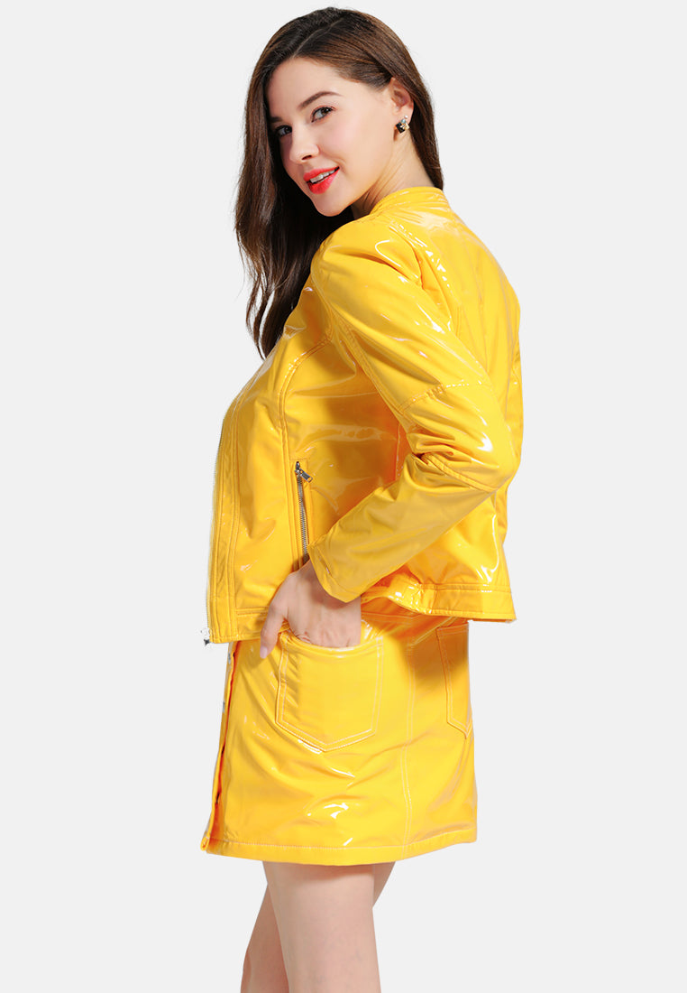slithering bright side button faux leather mini skirt#color_mustard