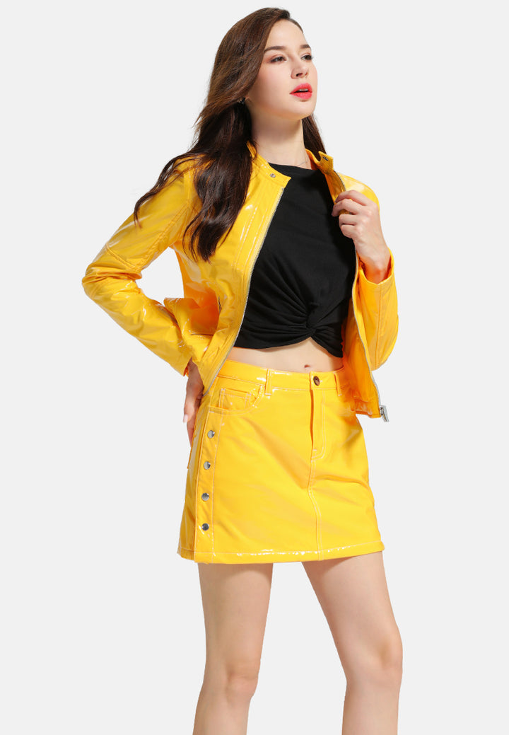 slithering bright side button faux leather mini skirt#color_mustard