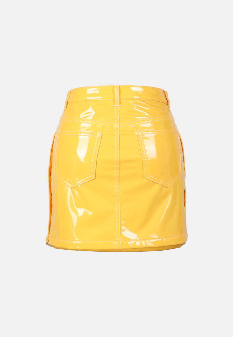 slithering bright side button faux leather mini skirt#color_mustard