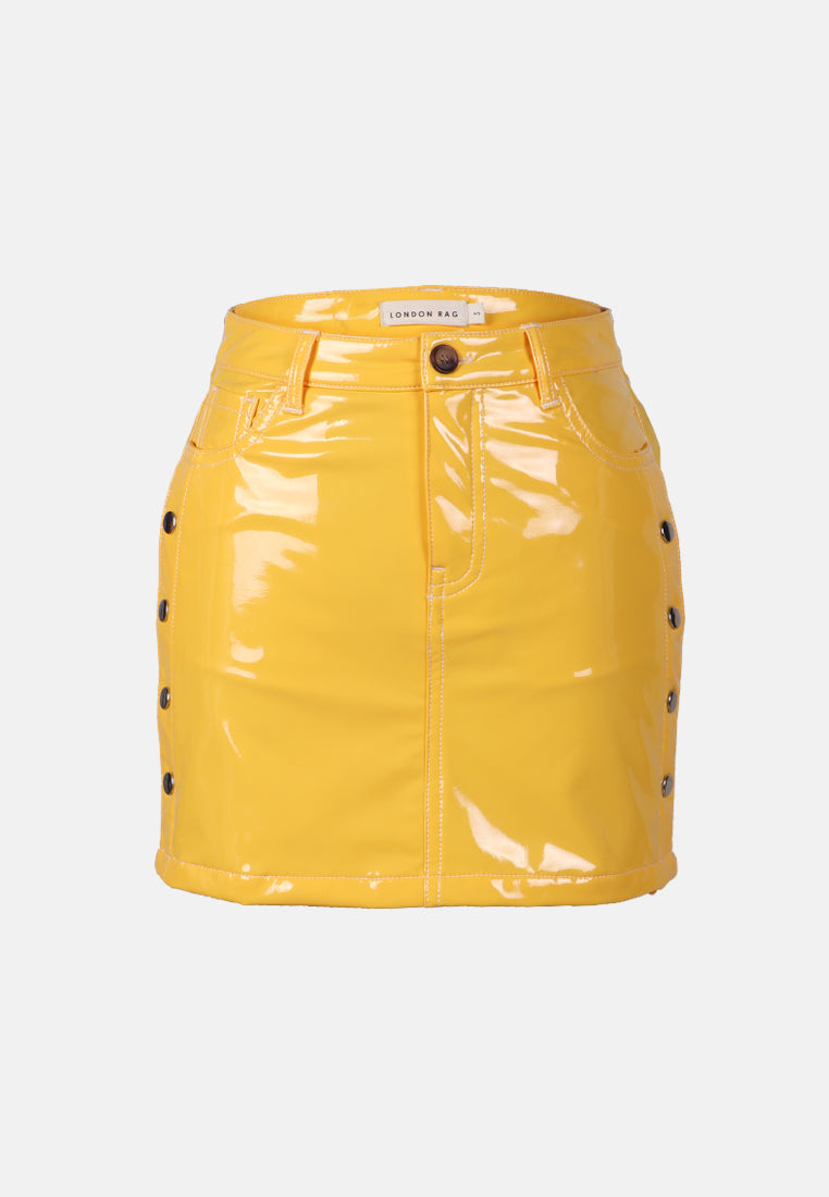 slithering bright side button faux leather mini skirt#color_mustard