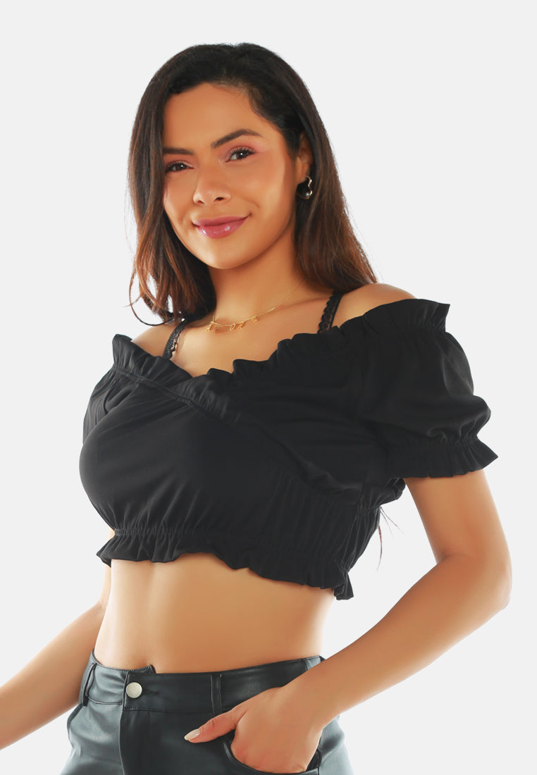 smocked wrap crop top#color_black