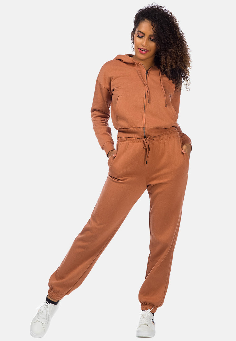 solid cropped drawstring hoodie#color_brown