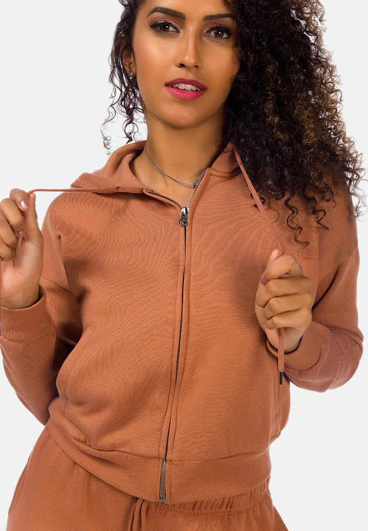 solid cropped drawstring hoodie#color_brown