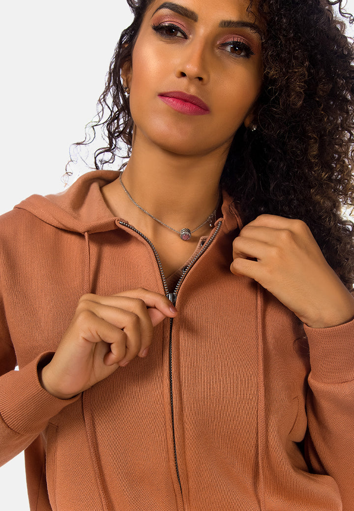 solid cropped drawstring hoodie#color_brown