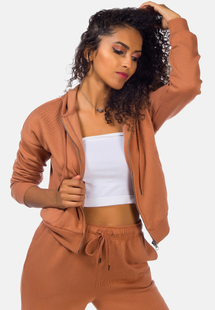 solid cropped drawstring hoodie#color_brown