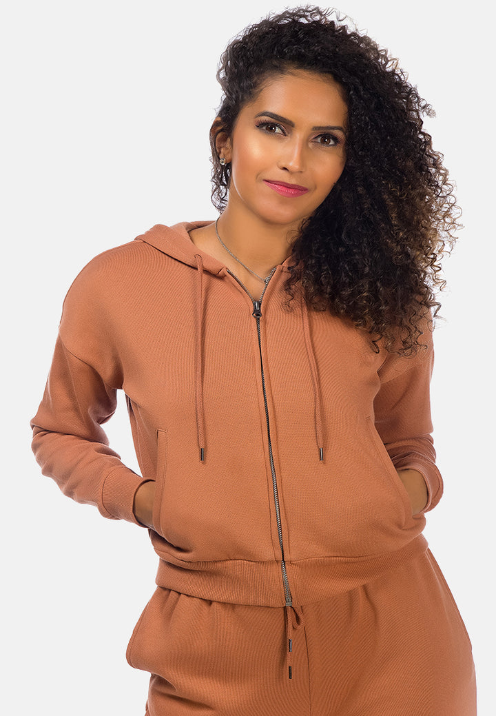solid cropped drawstring hoodie#color_brown
