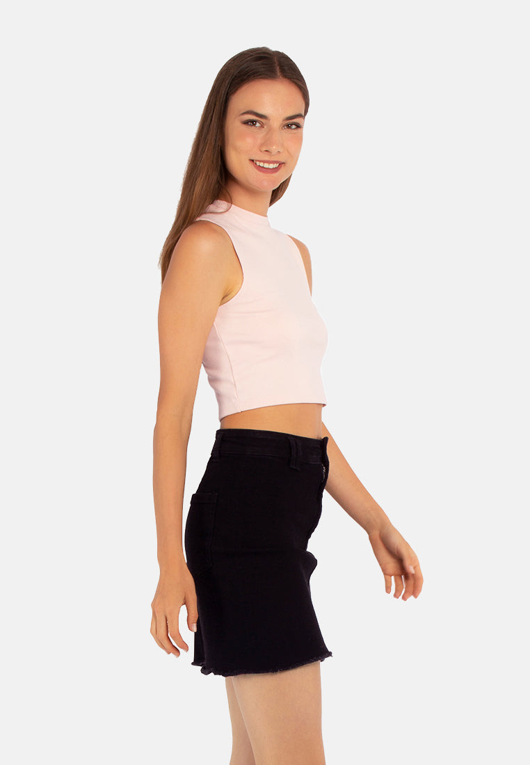 solid knitted crop top#color_pink