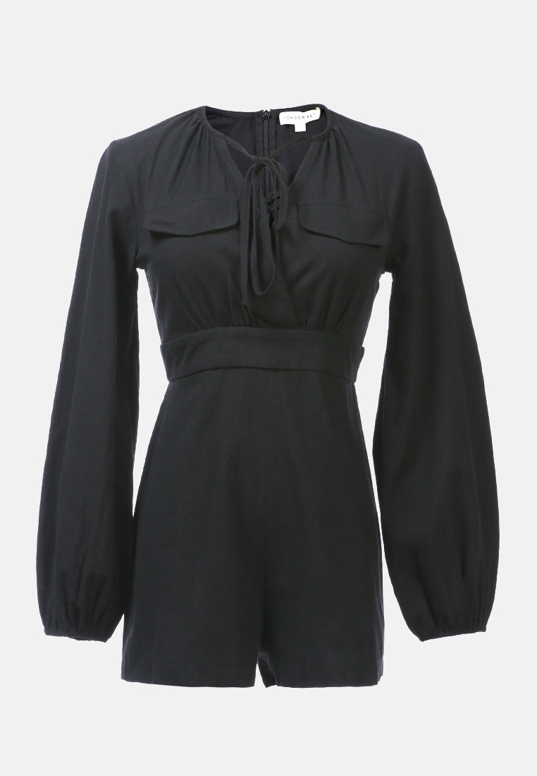 solid knitted romper with pockets#color_black