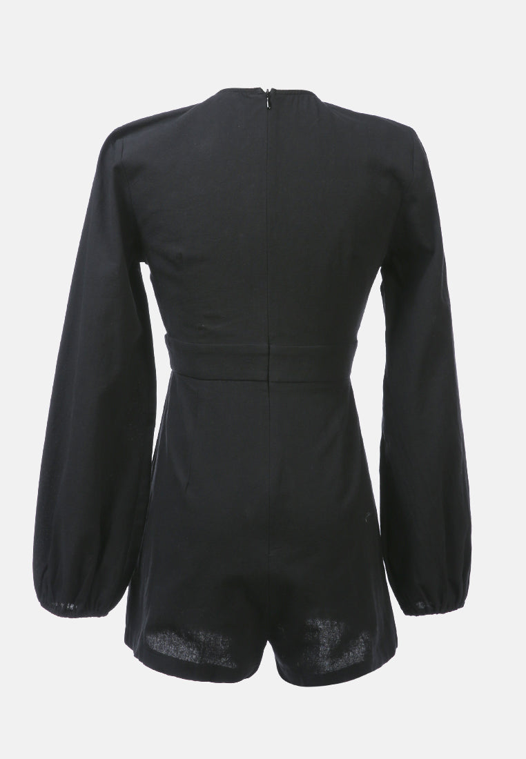 solid knitted romper with pockets#color_black