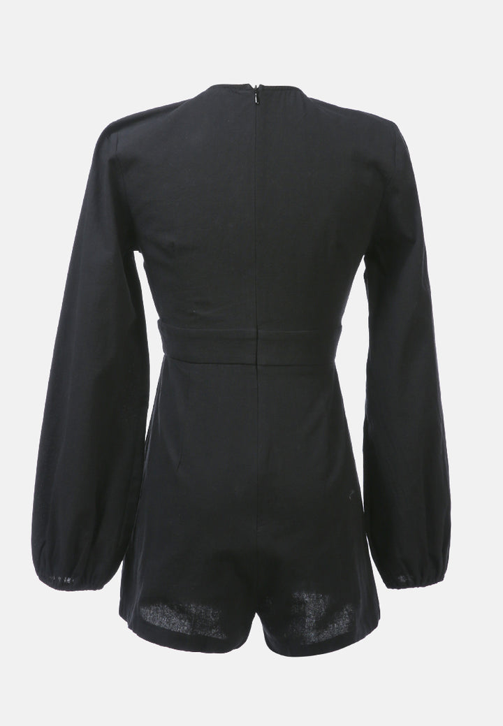 solid knitted romper with pockets#color_black