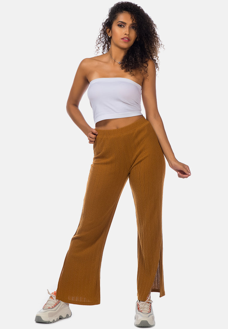 solid side slit trousers#color_brown