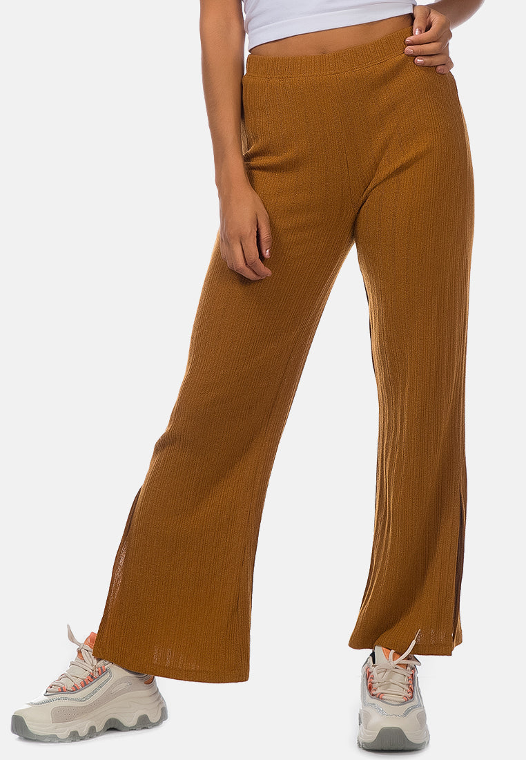 solid side slit trousers#color_brown