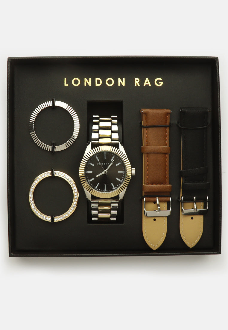 stainless steel men's analog watch set with black dial#color_silver