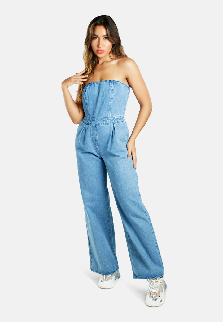 strapless back zipper denim jumpsuit#color_blue