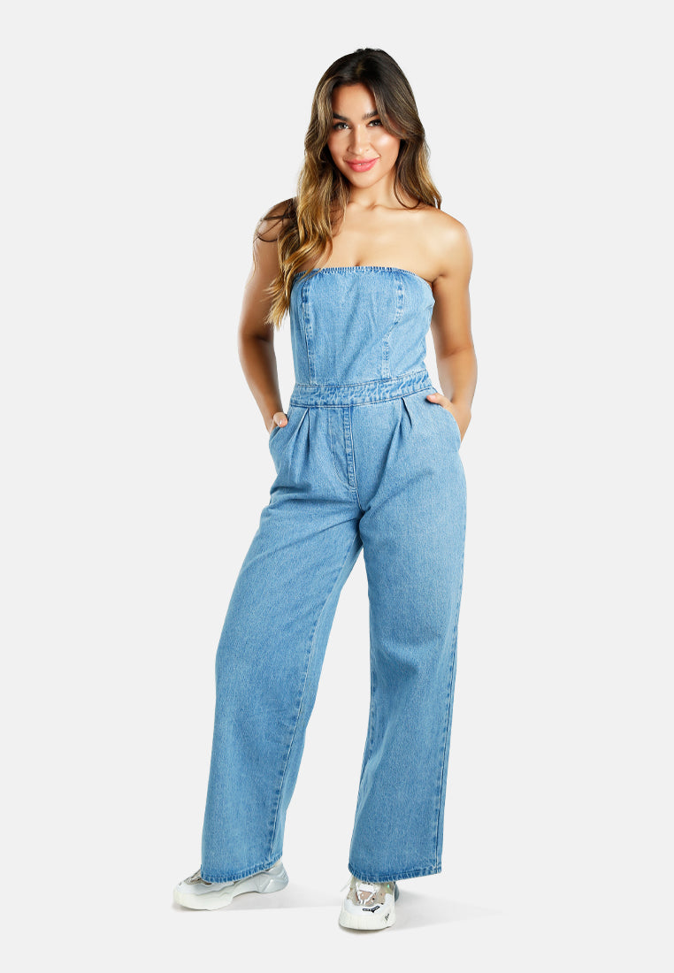 strapless back zipper denim jumpsuit#color_blue