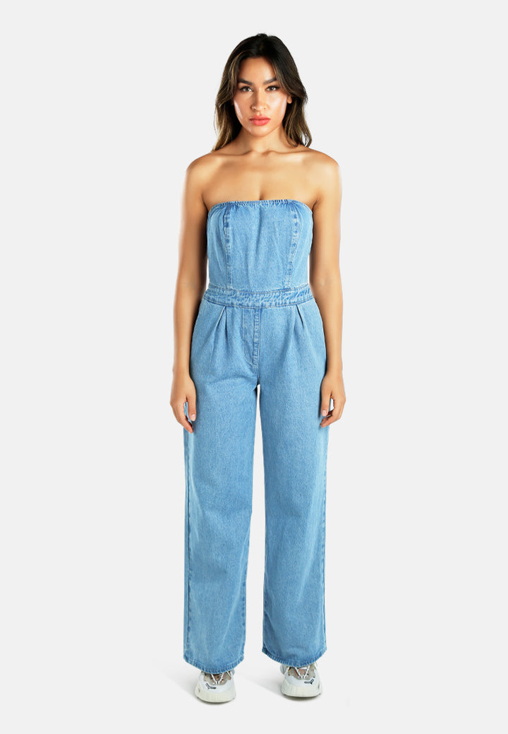 strapless back zipper denim jumpsuit#color_blue