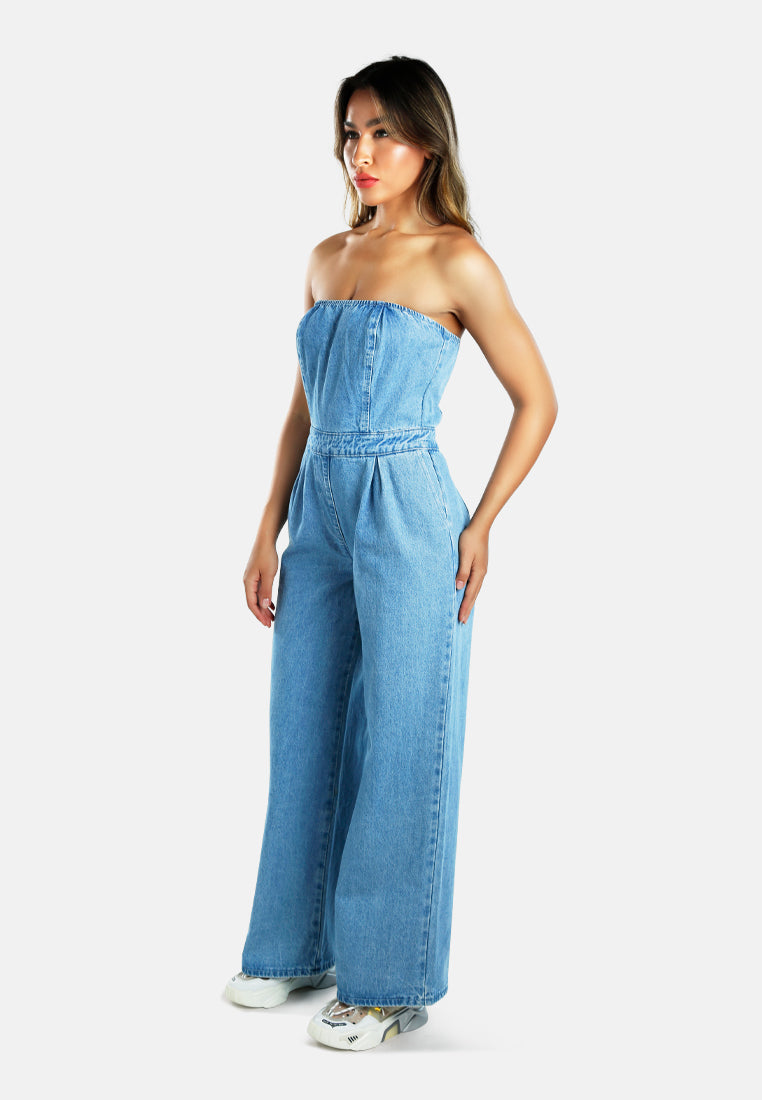 strapless back zipper denim jumpsuit#color_blue