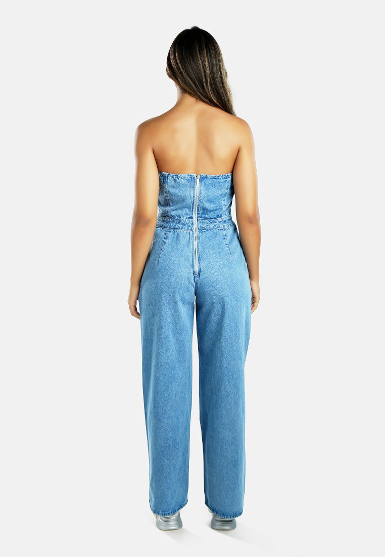 strapless back zipper denim jumpsuit#color_blue