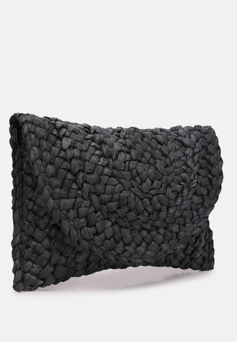 straw rope clutch bag#color_black