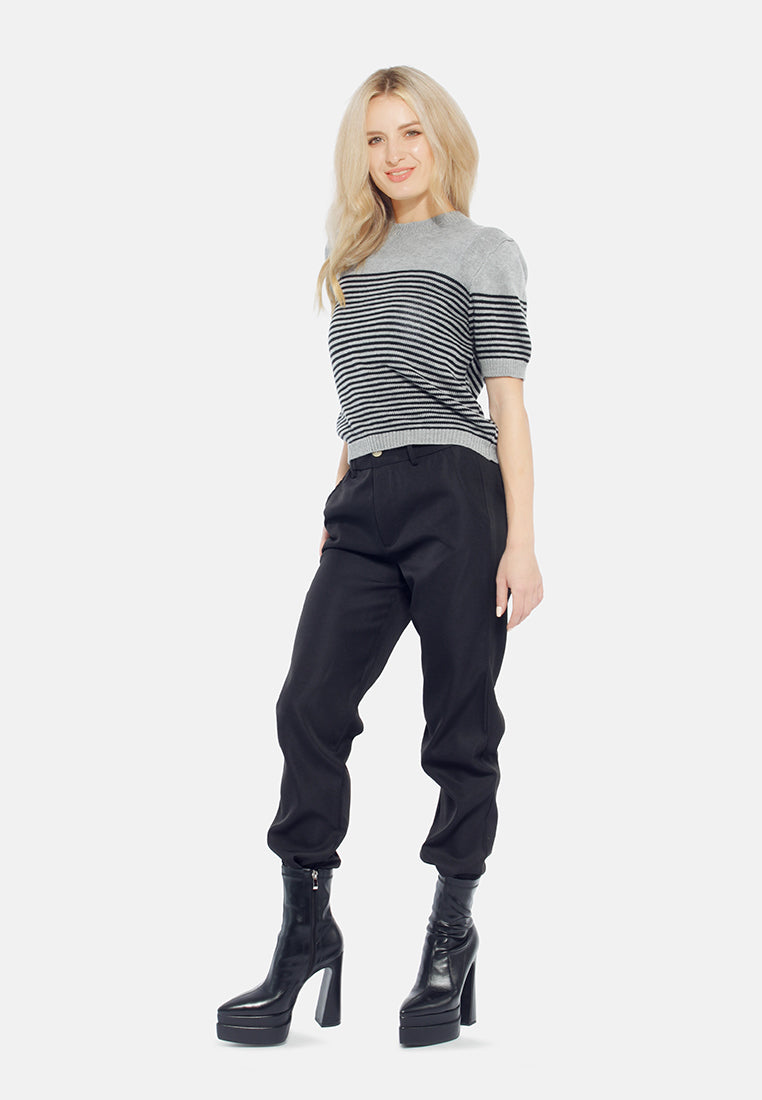 stripped crew neck casual top#color_black
