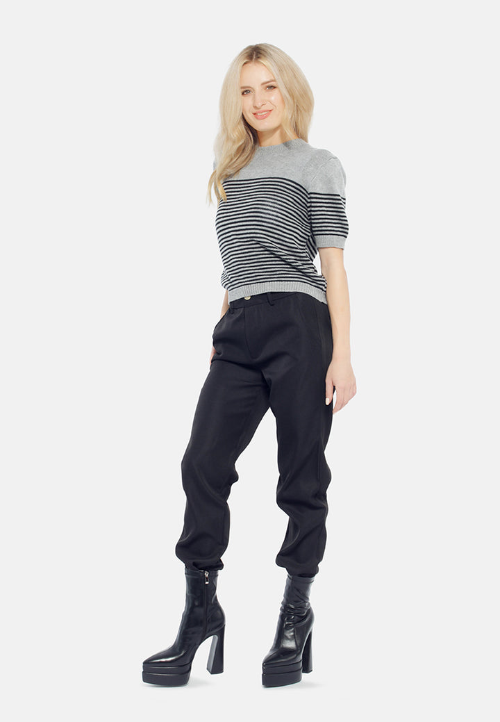 stripped crew neck casual top#color_black