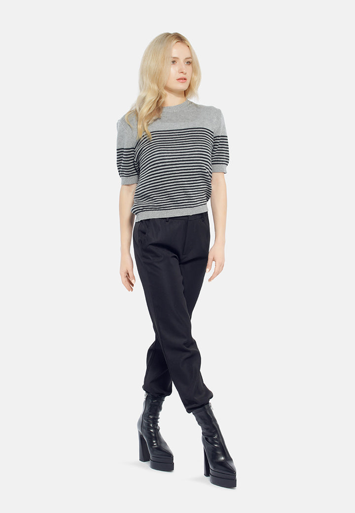 stripped crew neck casual top#color_black